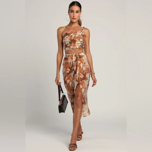 *NWT* Lulus Something Wild Brown Multi Print Twist-Front Midi Skirt, Size Small - Picture 2 of 13